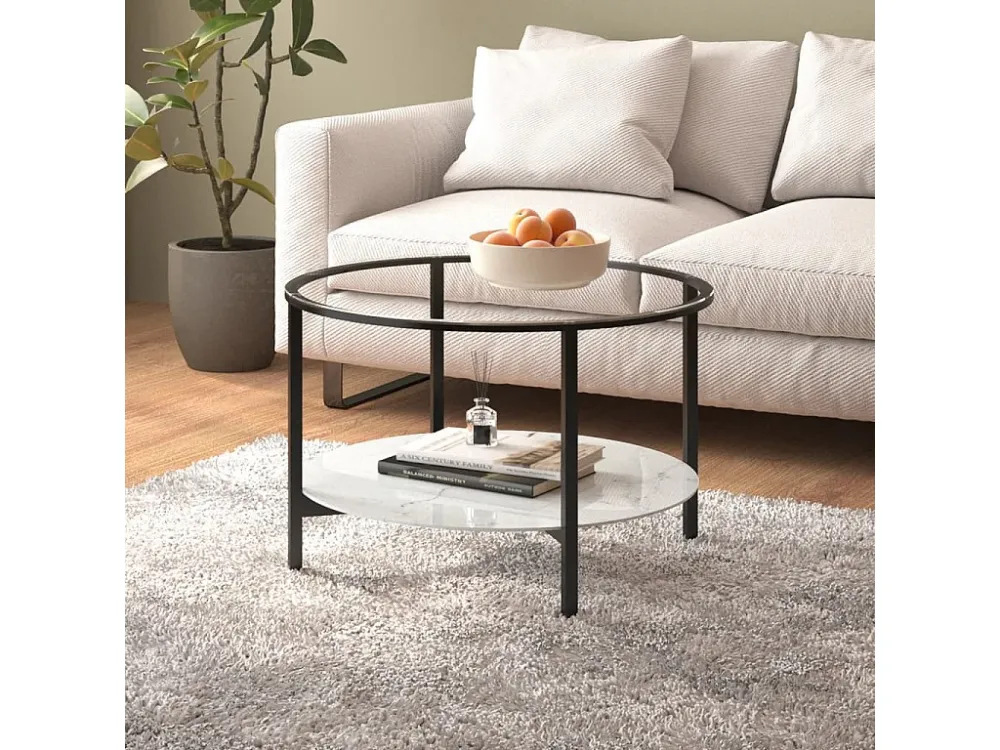 Mesa de centro 70 cm vidro temperado preto e branco mármore