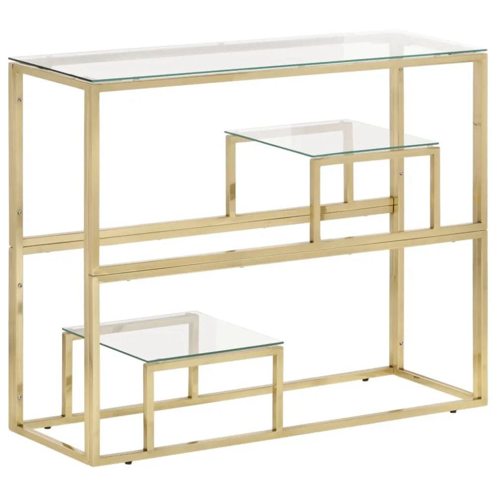 Mesa consola ço inoxidável e vidro temperado dourado