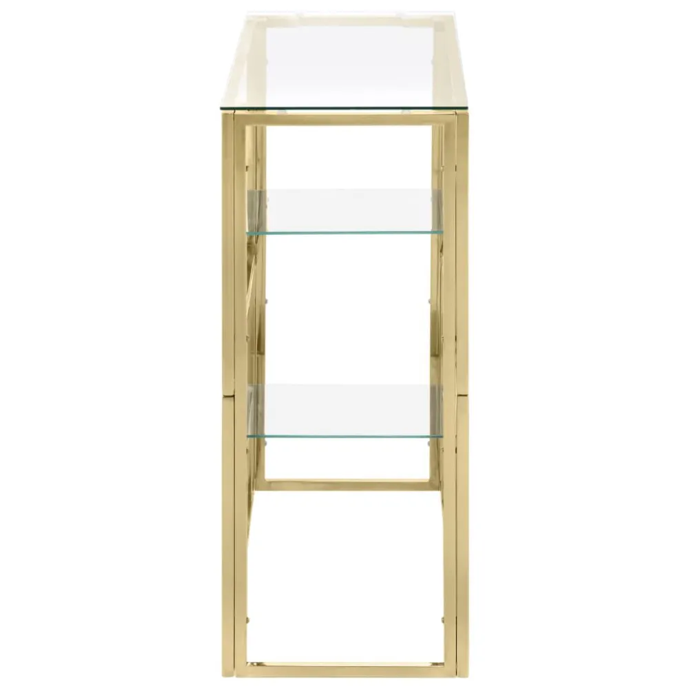 Mesa consola ço inoxidável e vidro temperado dourado