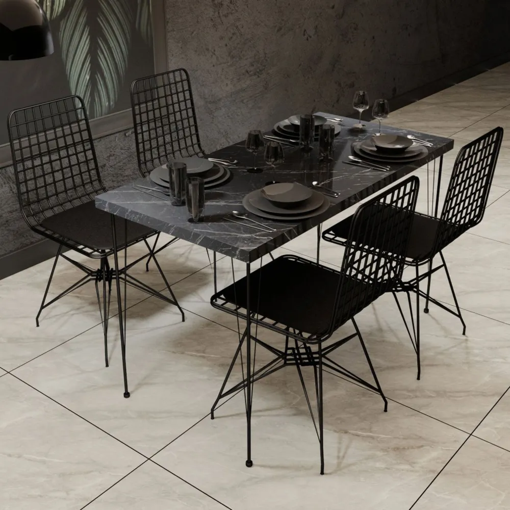 Conjunto de mesa e 4 cadeiras Liang Metálico Preto e Madeira Preta efeito mármore