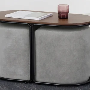 Conjunto mesa de centro + 2 pufes em tecido cor puro e cinza - ADAR