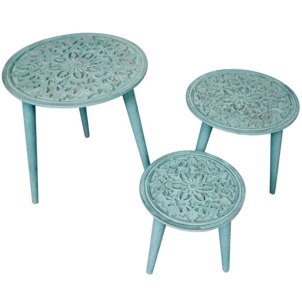 Conjunto de 3 mesas empilháveis Kairouan Azul-Verde.