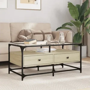 Mesa de centro c/topo de vidro 98,5x50x45cm carvalho sonoma ço