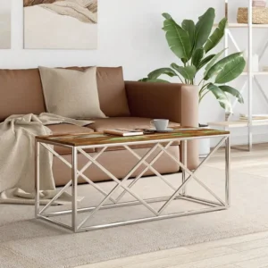 Mesa de centro ço inoxidável e madeira recuperada maciç