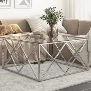 Mesa de centro ço inoxidável e vidro temperado prateado