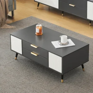 Mesa de centro moderna com 2 gavetas e 2 portas - 100x50x40 cm - Aglomerado - Cinza e branco