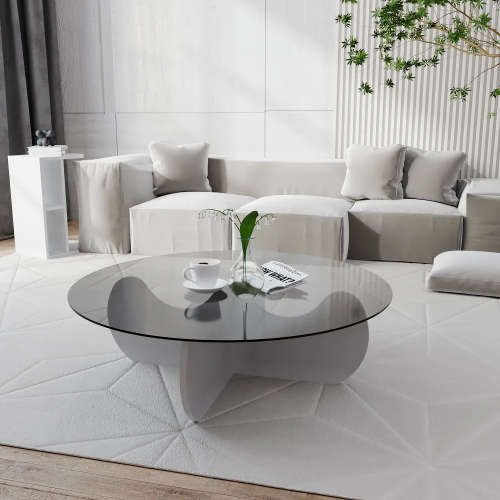 Mesa de centro Yoranne D90cm Madeira Branca e Vidro Fumê Cinza