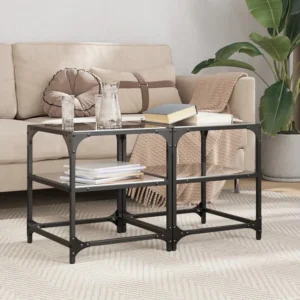 Mesas de centro com topo em vidro preto 2 peças 40x40x45 cm ço