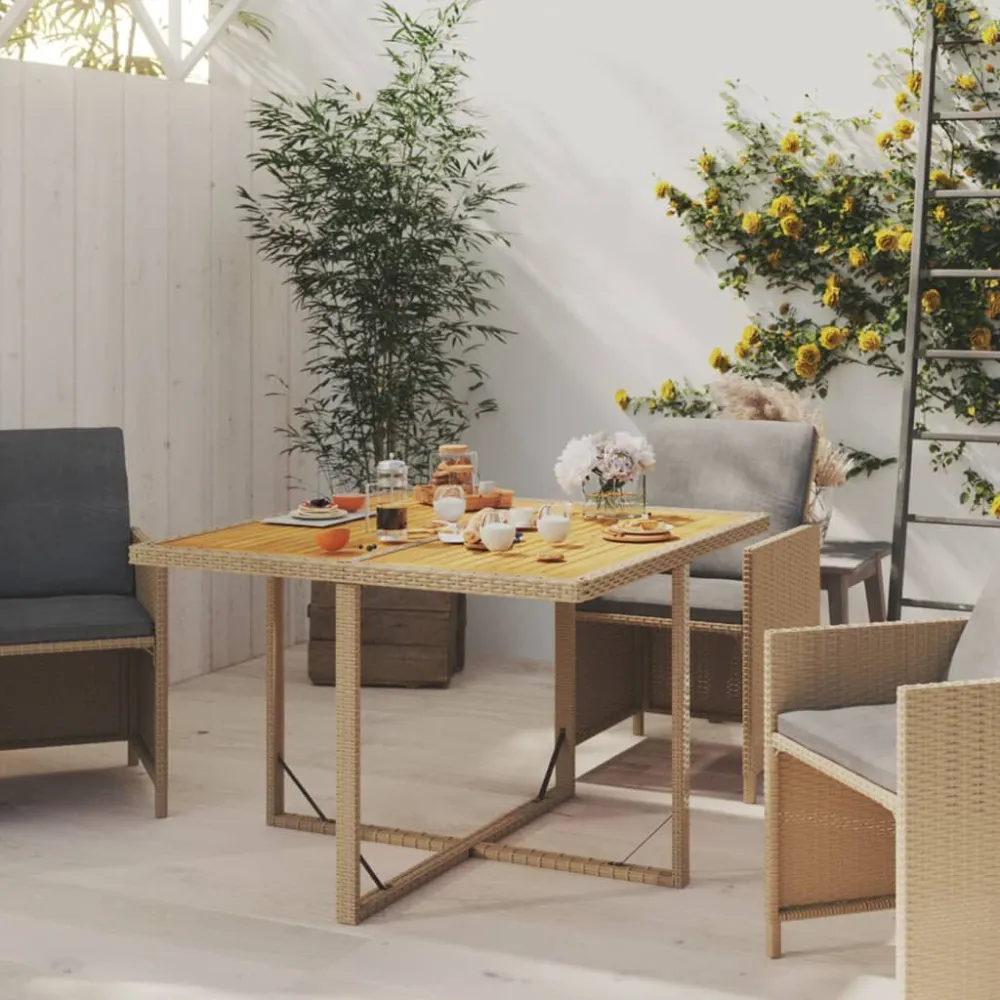 Mesa de jardim 109x107x74 cm vime PE e acácia maciç bege | Material Impermeável