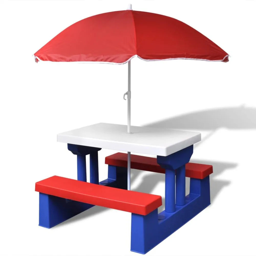 Mesa piquenique infantil + bancosemguarda-sol multicor com Garantia de 1 Ano