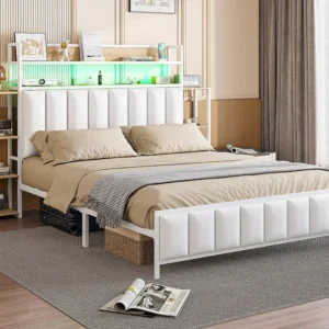 Cama em pele sintética 140x200cm - com LED e prateleiras - Branco