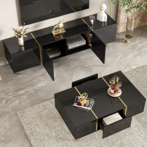Conjunto moderno de armário de TV e mesa de centro - 170 x 35 x 46 cm + 100 x 60 x 41,5 cm - Madeira MDF e pernas douradas...