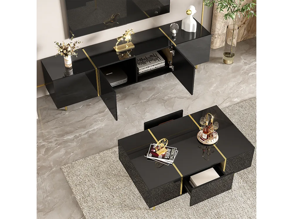 Conjunto moderno de armário de TV e mesa de centro - 170 x 35 x 46 cm + 100 x 60 x 41,5 cm - Madeira MDF e pernas douradas...