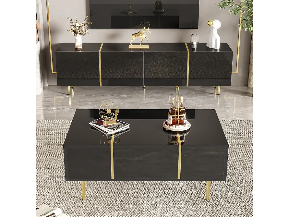 Conjunto moderno de armário de TV e mesa de centro - 170 x 35 x 46 cm + 100 x 60 x 41,5 cm - Madeira MDF e pernas douradas...