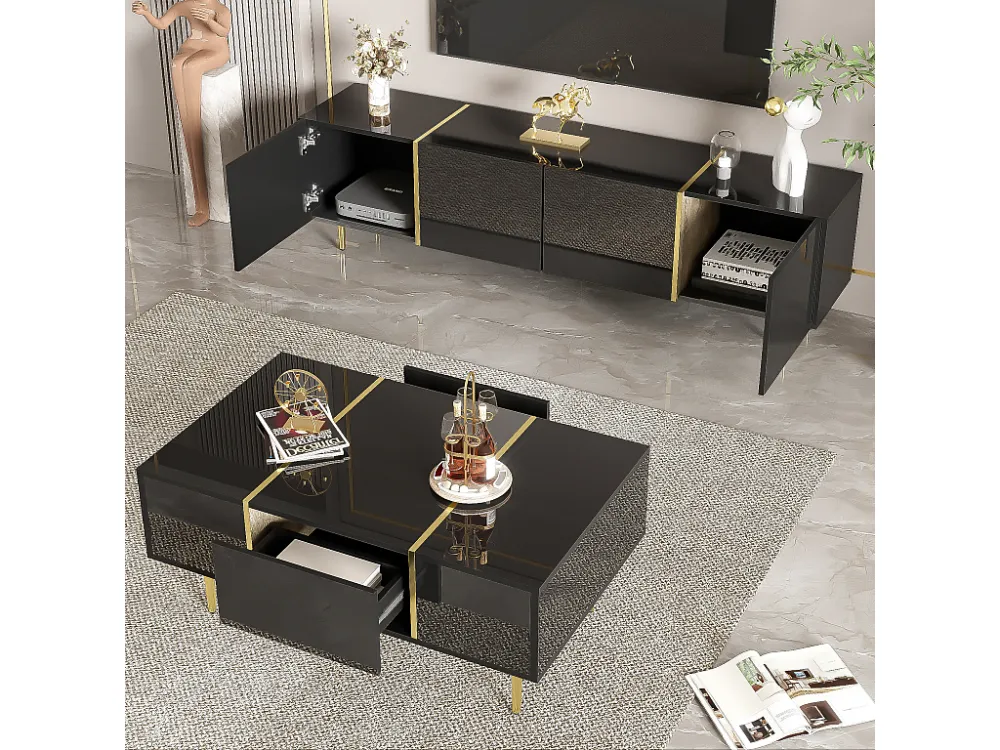 Conjunto moderno de armário de TV e mesa de centro - 170 x 35 x 46 cm + 100 x 60 x 41,5 cm - Madeira MDF e pernas douradas...