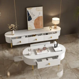 Conjunto moderno de armário de TV e mesa de centro - 174 x 35 x 41 cm + 108 x 50 x 40 cm - Madeira MDF e pés dourados - Br...