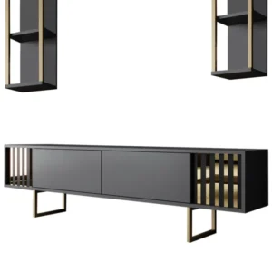 Conjunto de móveis para TV com 2 prateleiras Manaslu Metálico Dourado e Madeira Antracite