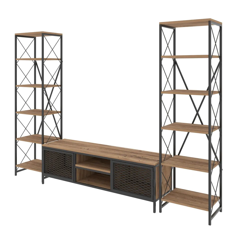 Conjunto de móveis para TV e 2 estantes de biblioteca estilo industrial Franco Madeira natural e Metálico Preto
