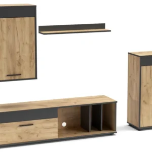 Conjunto de móveis para TV L140cm com 2 armários e prateleira Sanika Carvalho distinto e Cinza