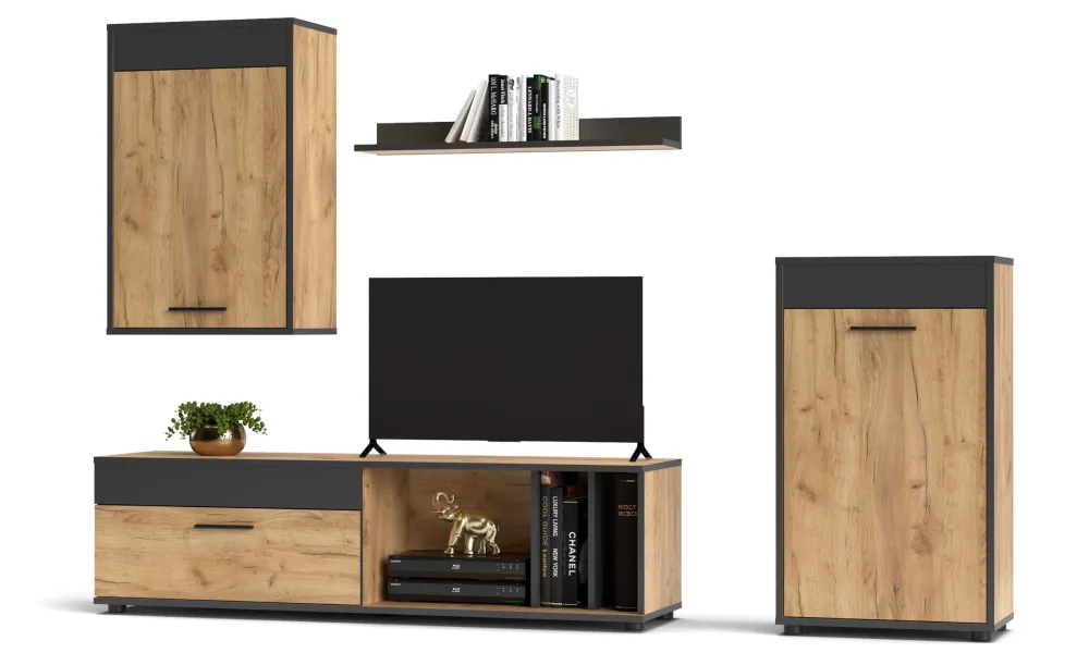 Conjunto de móveis para TV L140cm com 2 armários e prateleira Sanika Carvalho distinto e Cinza