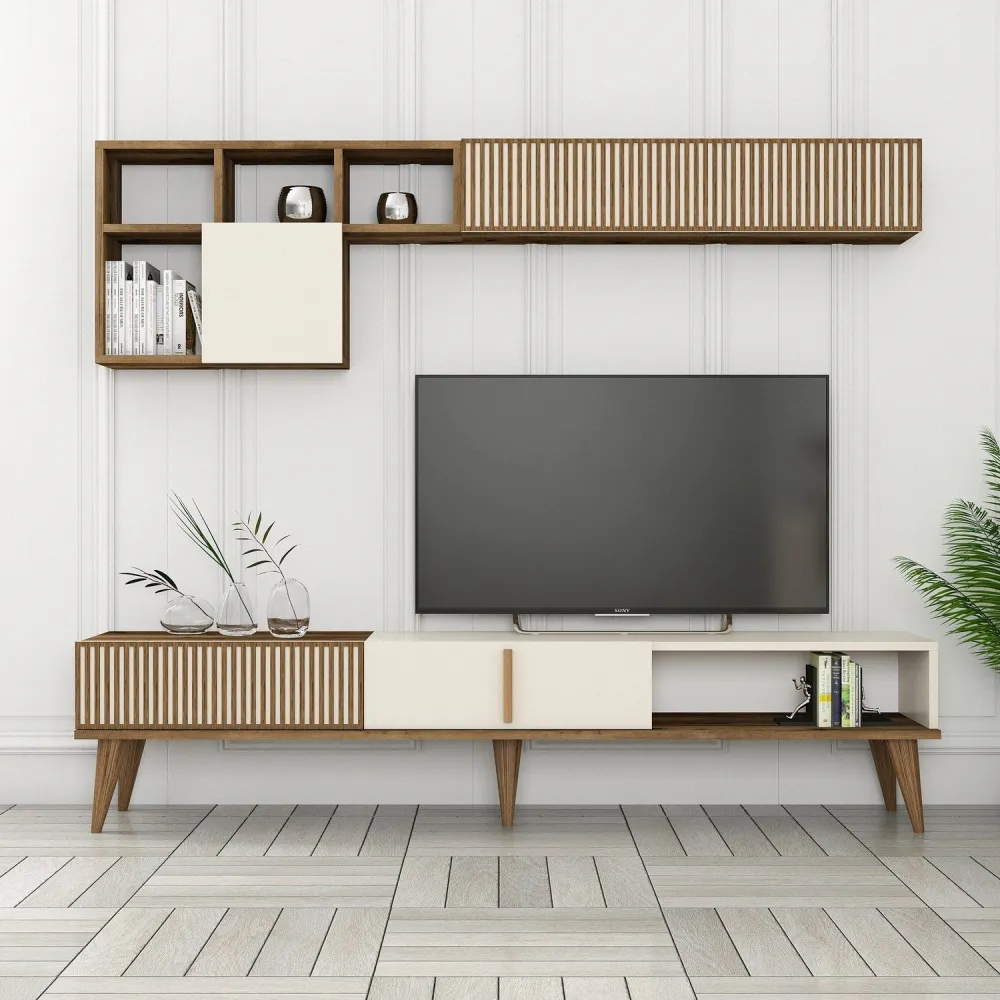 Conjunto de móveis para TV e prateleira de parede design Ribera Carvalho obscuro e Branco creme