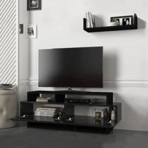 Conjunto móvel de TV com arrumações preto e efeito mármore preto IBARIA