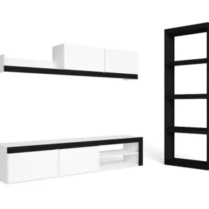 Conjunto de Sala e Prateleira - Cor Branco/Preto - Estante Preto