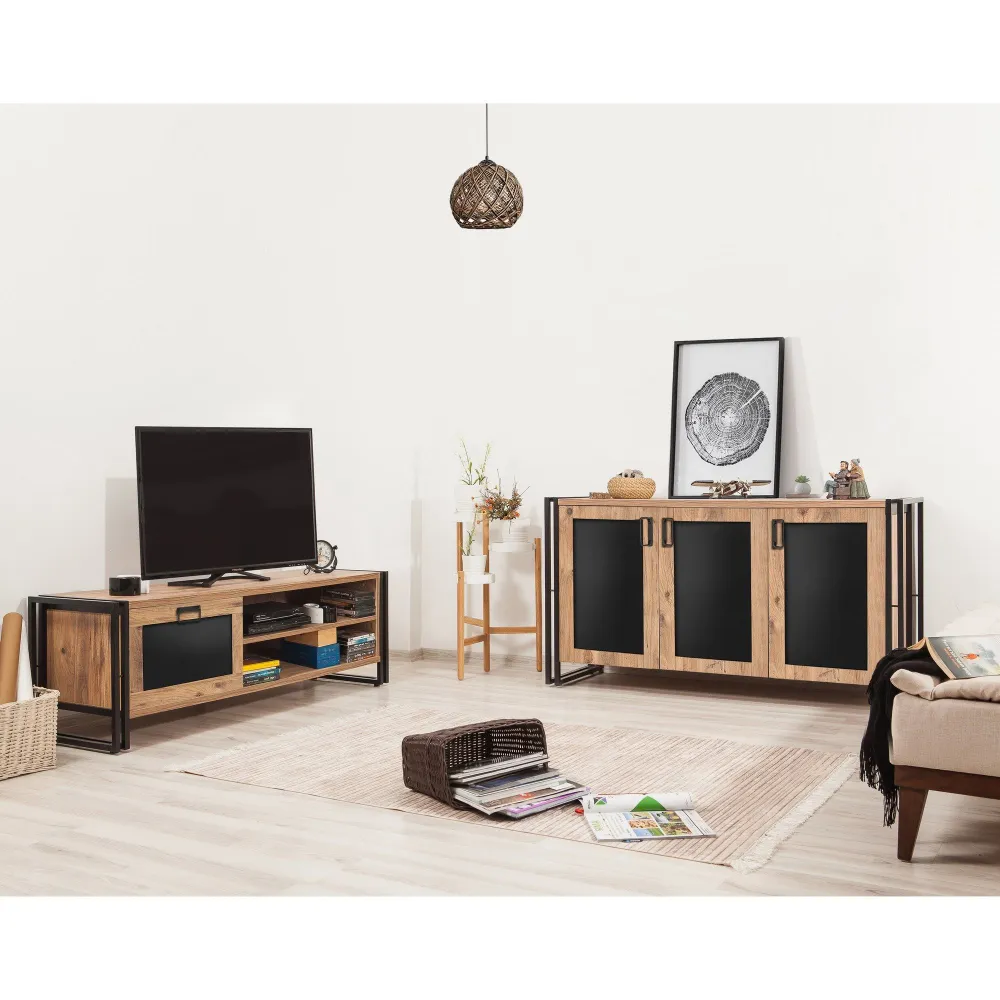 Estante para TV Conjunto de móvel de TV e buffet estilo industrial Brigit Metálico Preto e Madeira clara