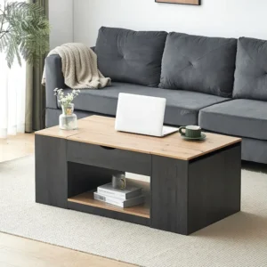 Mesa de centro elevável com prateleira - 109,5x59,7x43 cm - Madeira MDF - Cinza + marrom