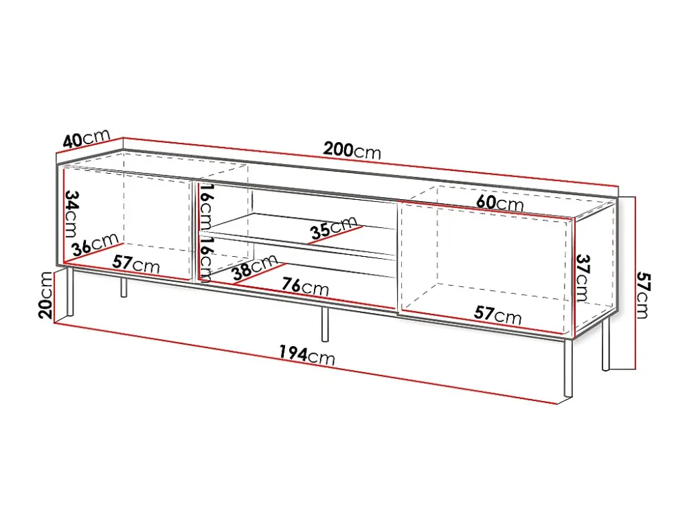 Mesa para TV Charlotte 166, O número de portas: 2, 200x57x40cm