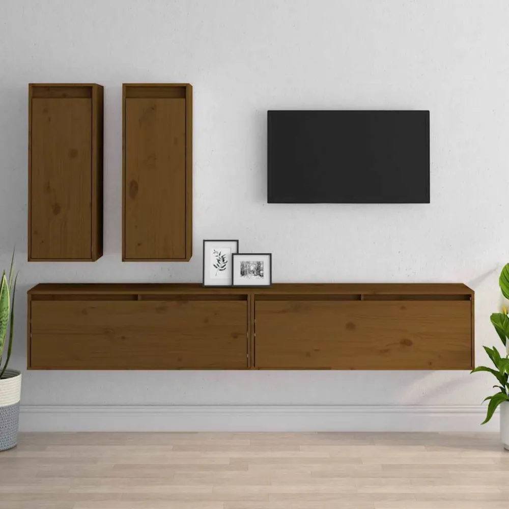 Móveis de TV 4 pcs madeira de pinho maciç castanho-mel Design Moderno