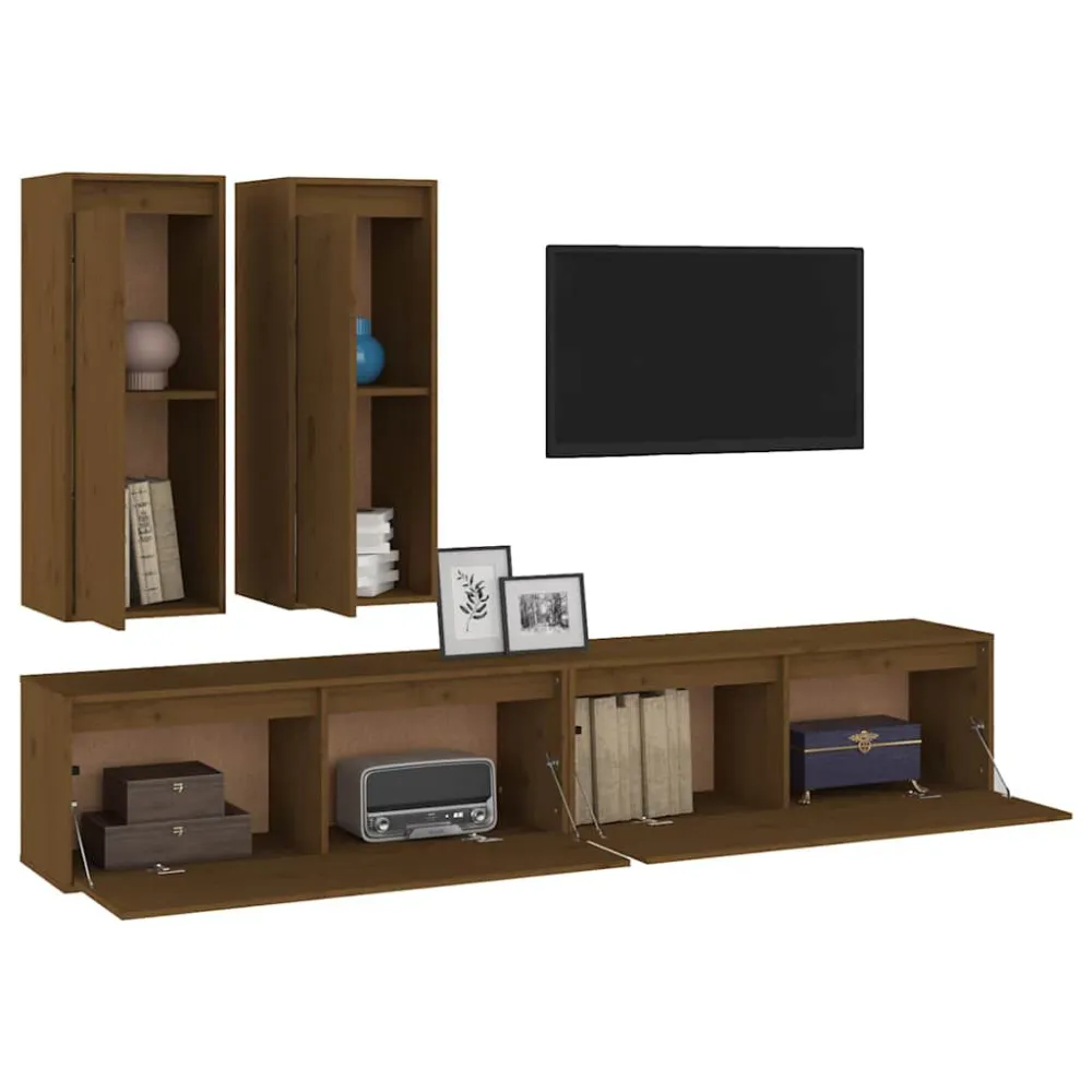 Móveis de TV 4 pcs madeira de pinho maciç castanho-mel Design Moderno