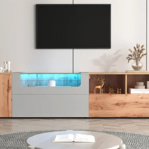Móvel de TV 190 cm - 3 portas e 3 nichos, prateleira de vidro - LEDs - folheado espontâneo e branco