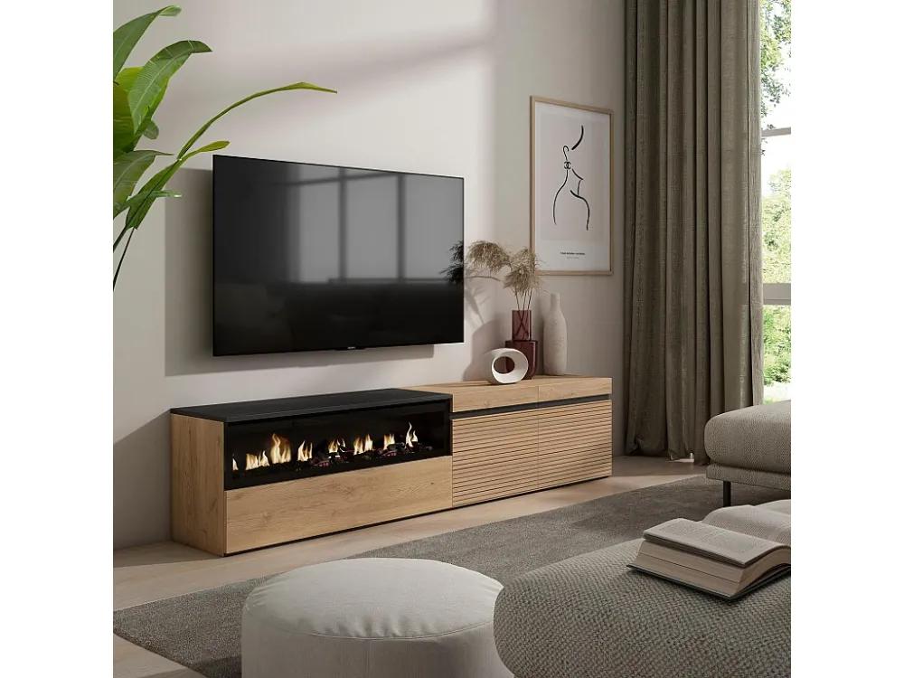 Móvel de TV, 200x45x35cm, Para televisores até 80", Lareira eléctrica, Carvahlo