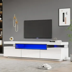 Móvel de TV com 3 gavetas e compartimentos abertos - 160 x 39 x 42 cm cm - LEDs - Aglomerado - Branco luminoso