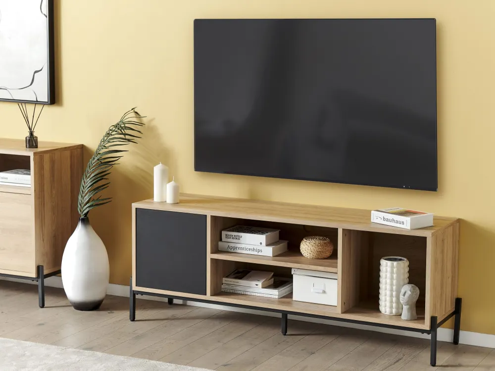 Móvel de TV com 1 porta em madeira clara e cinzenta MOINES