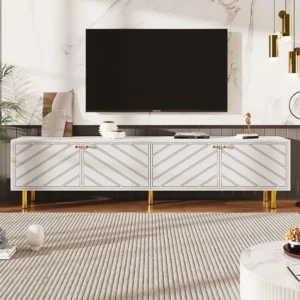 Móvel TV com 4 portas - 170 x 38 x 50 cm - Madeira MDF e metálico dourado - Branco