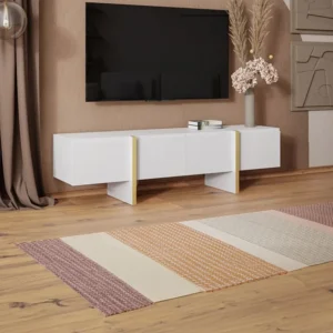 Móvel de TV com 4 portas em MDF branco e dourado - LUVONIA