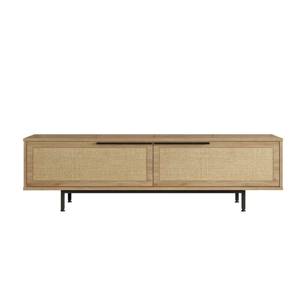 Móvel de TV com 2 portas e palhinha Evelis L160cm Madeira e Rattan nítido