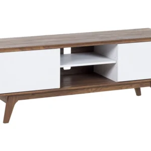 Móvel de TV com 2 portas e 2 prateleiras em branco e cor de madeira clara ROCHESTER