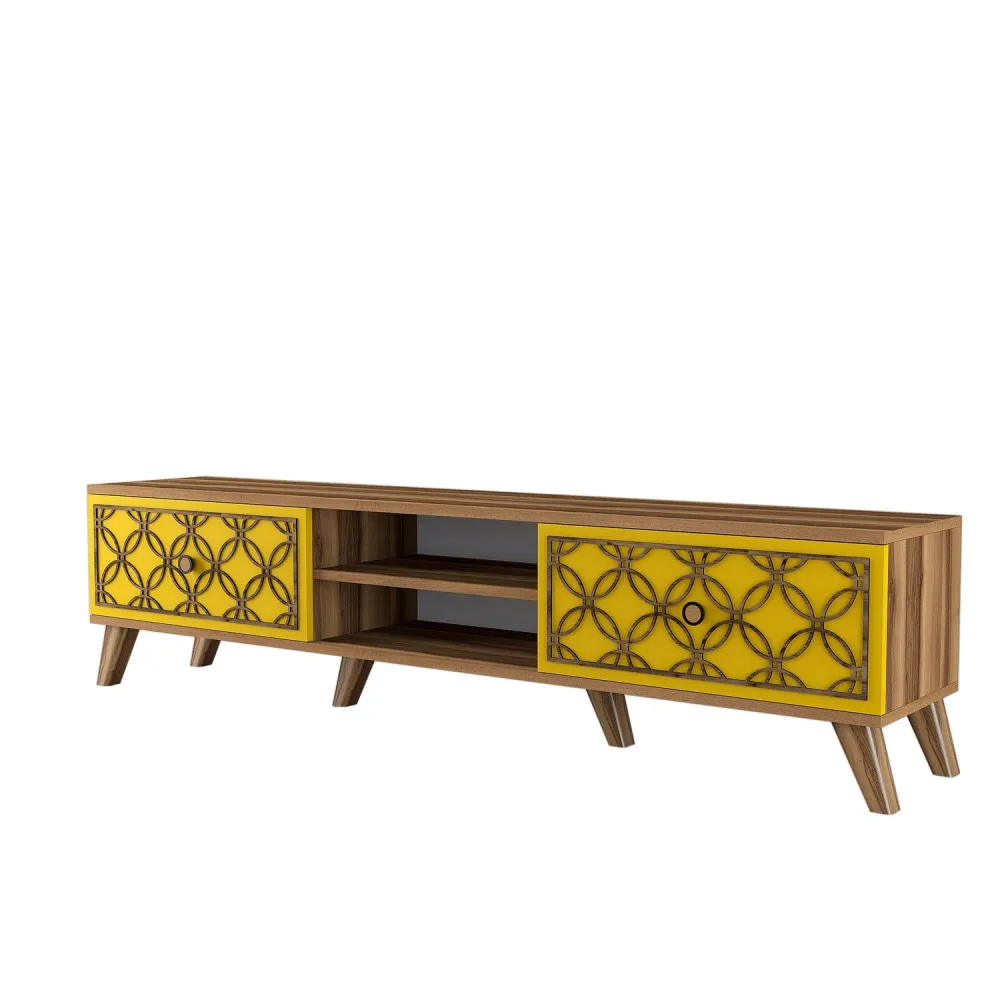 Móvel de TV com 2 portas e 2 prateleiras Varize 180cm Motivo Arabesco Amarelo e Madeira