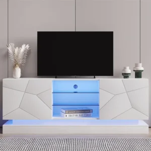 Móvel de TV de madeira com 2 portas - prateleira de vidro ajustável - LEDs - estilo moderno - branco resplandecente