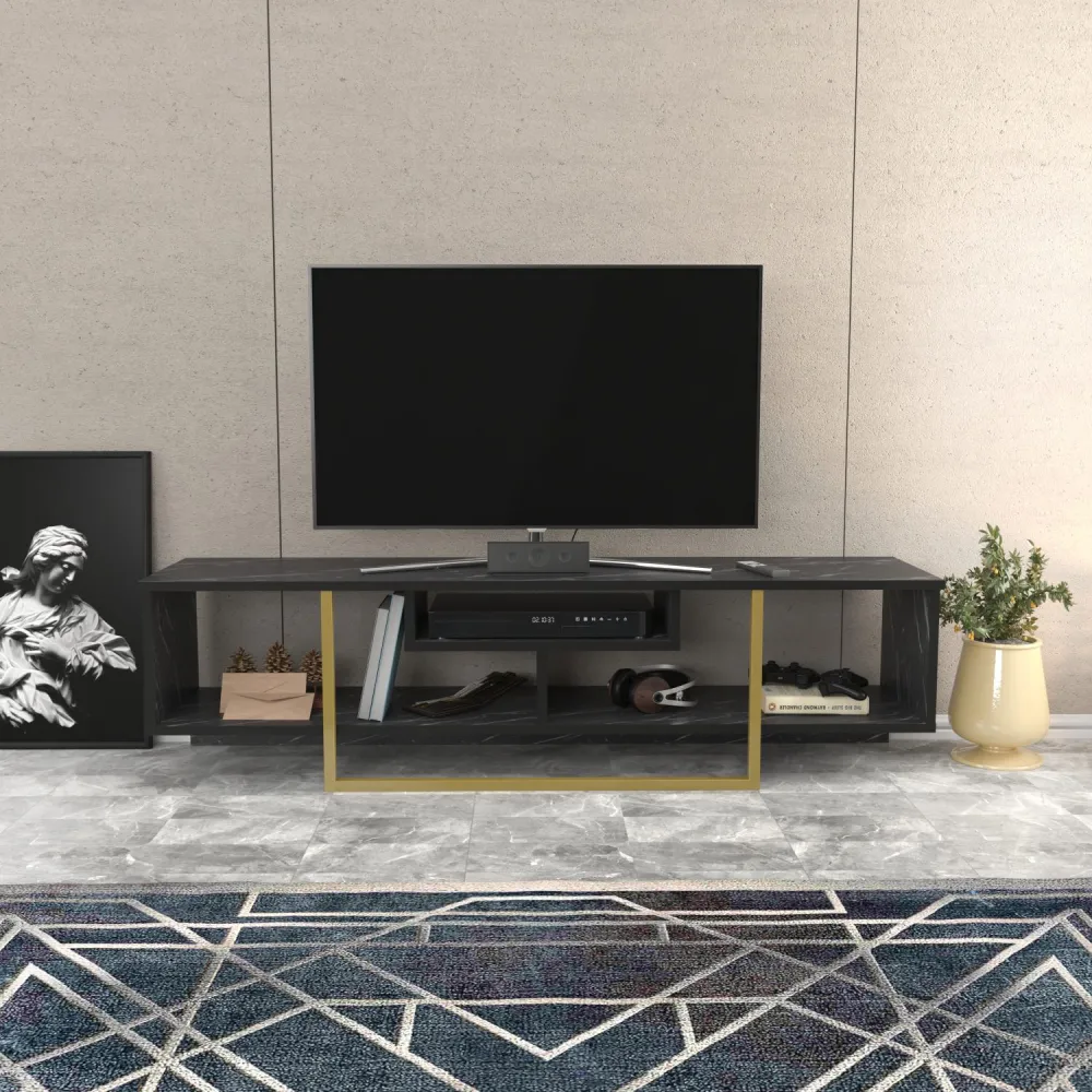 Móvel de TV Nikolai 150cm Ouro e Preto Efeito mármore