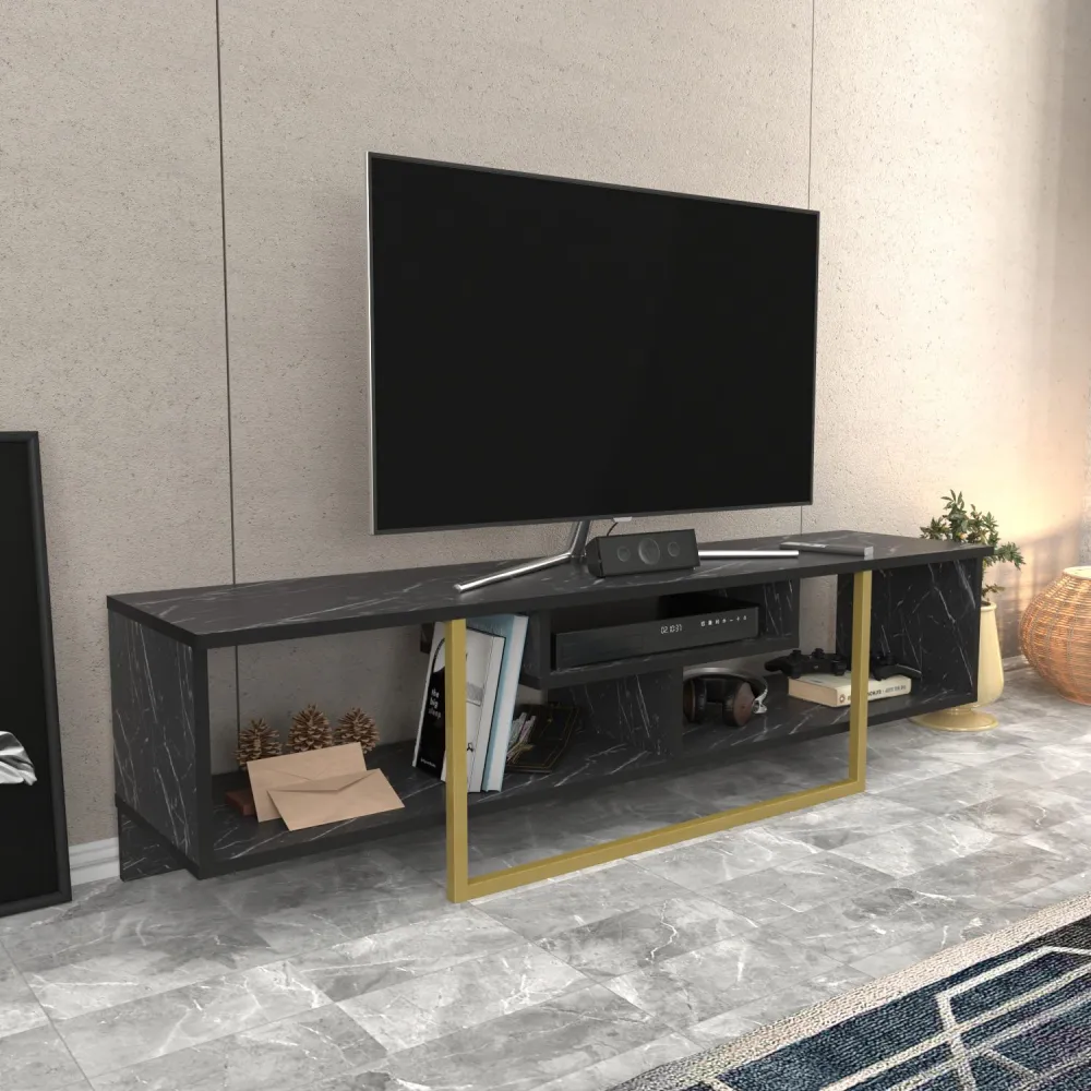 Móvel de TV Nikolai 150cm Ouro e Preto Efeito mármore