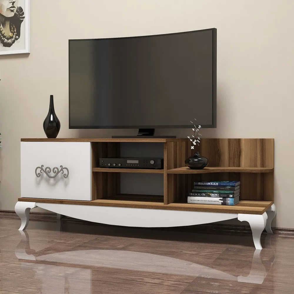 Móvel para TV com 1 porta e 4 prateleiras Belo 130cm Madeira e Branco