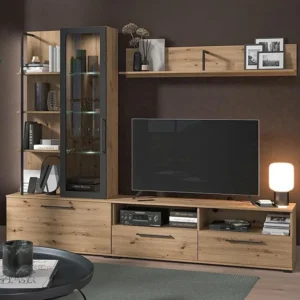 Móvel de TV - 3 portas, 1 porta envidraçada, 2 nichos e 7 prateleiras - Carvalho e preto - DUBLIN
