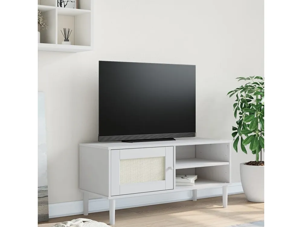 Móvel de TV SENJA aspeto vime 106x40x49 cm pinho maciço branco