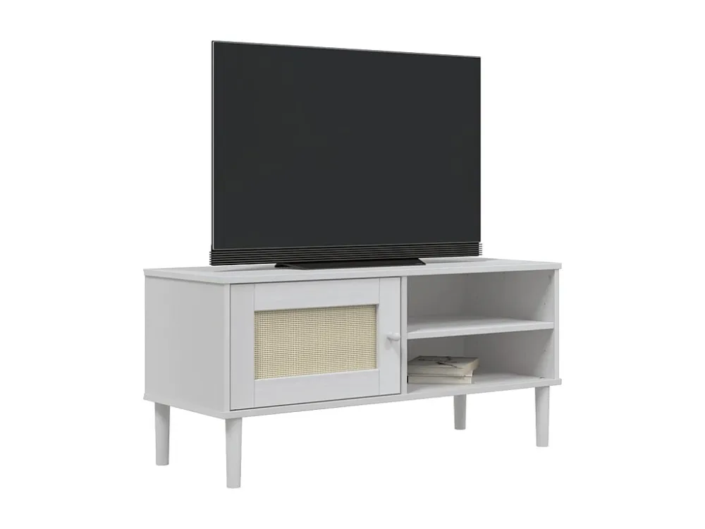 Móvel de TV SENJA aspeto vime 106x40x49 cm pinho maciço branco
