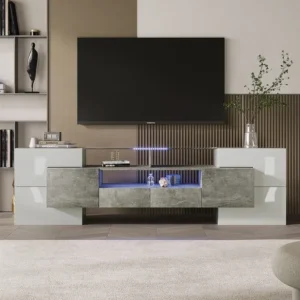 Móvel de TV sofisticado com 4 portas, 2 gavetas e 2 nichos - Aspecto branco brilhante - LEDs - Comprimento 200cm - Cor cinza