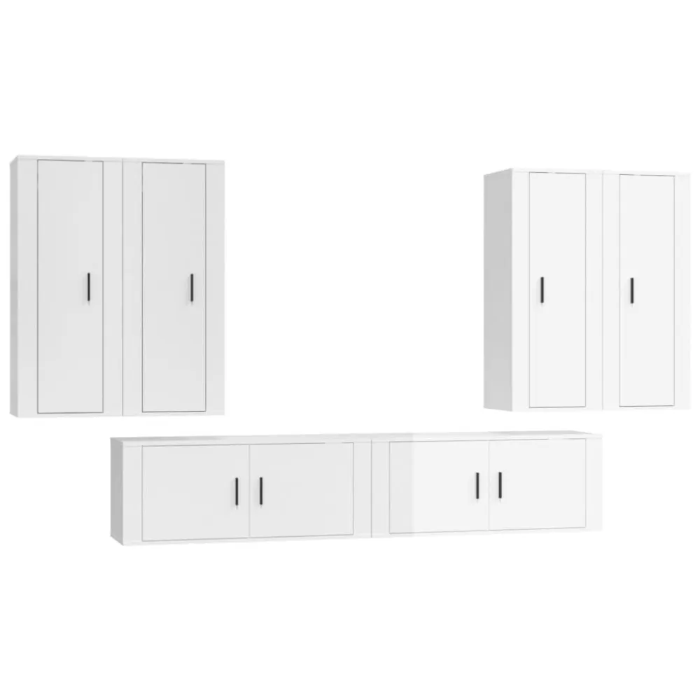 6 pcs conjunto móveis de TV madeira processada branco resplandecente